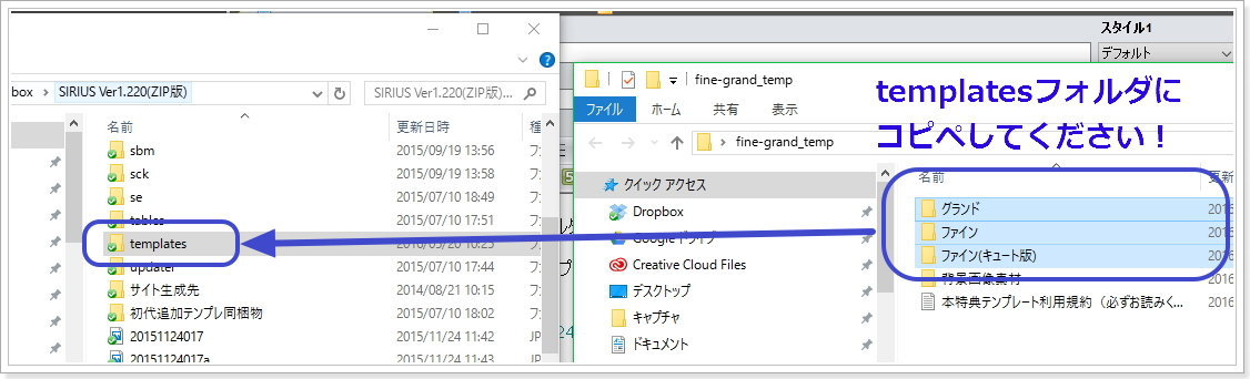 SIRIUS特典テンプレートをSIRIUSフォルダにコピペ